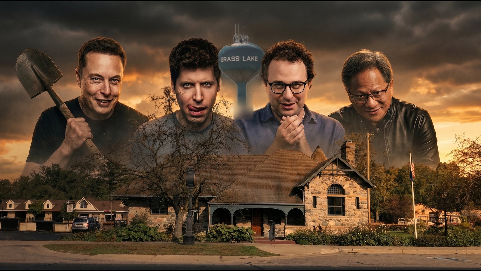 Photo illustration: four tech-industry figures loom in a stormy sunset sky behind the Grass Lake water tower and a historic stone building in downtown Grass Lake, Michigan, one holding a shovel.